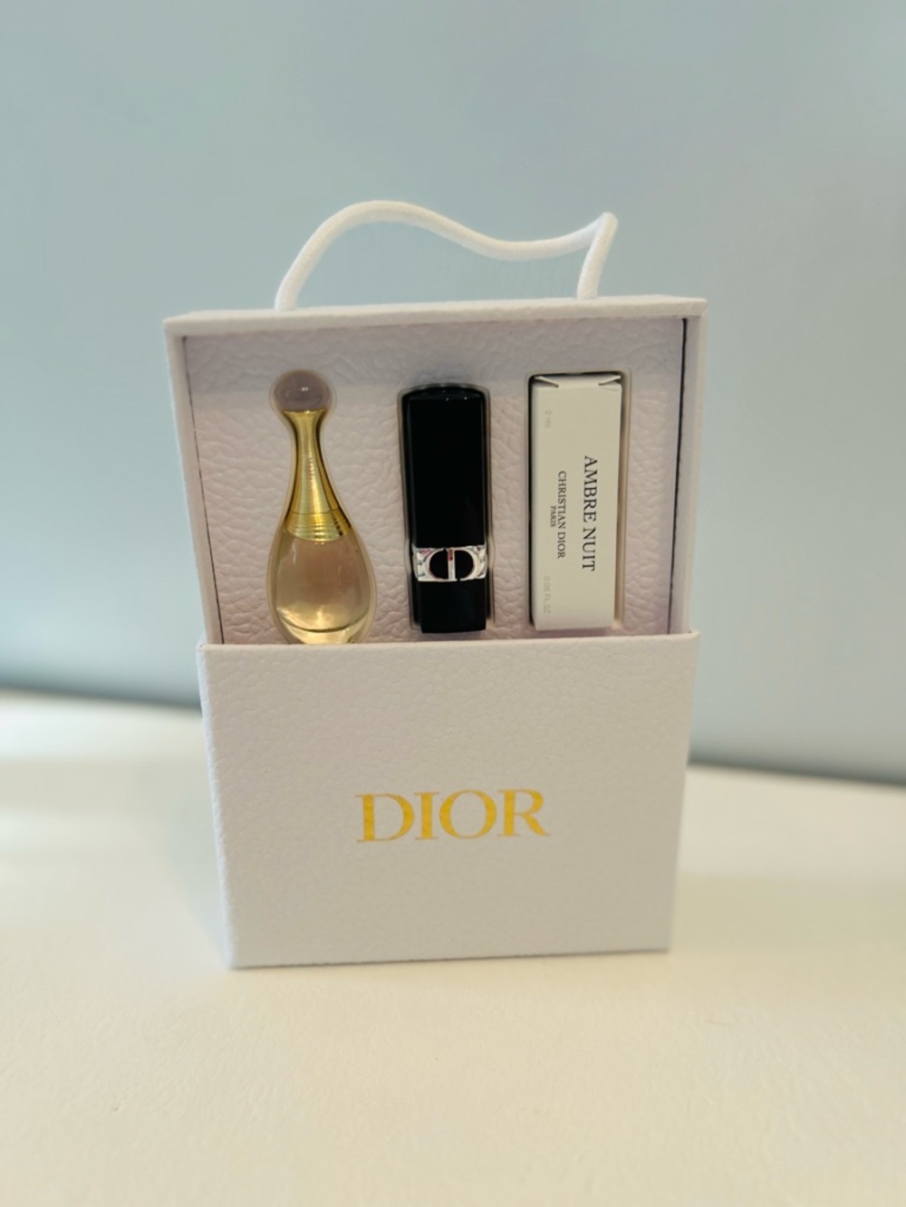Dior Gift Set with White Box, Gold Accents & Black Lipstick GWP